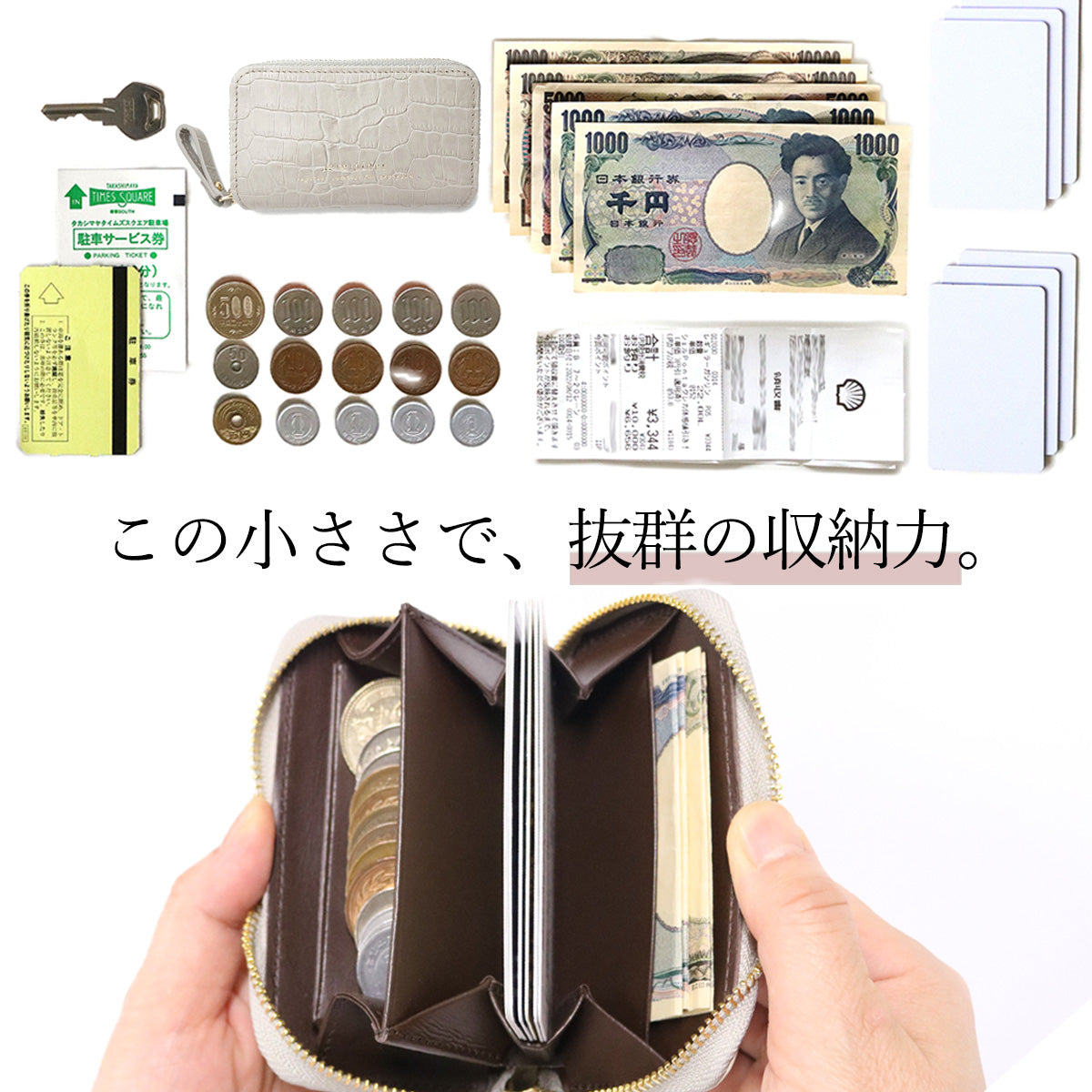 ラウンドファスナーミニ財布 クロコ型押し アークトエディー 小さいサイズの収納量説明画像