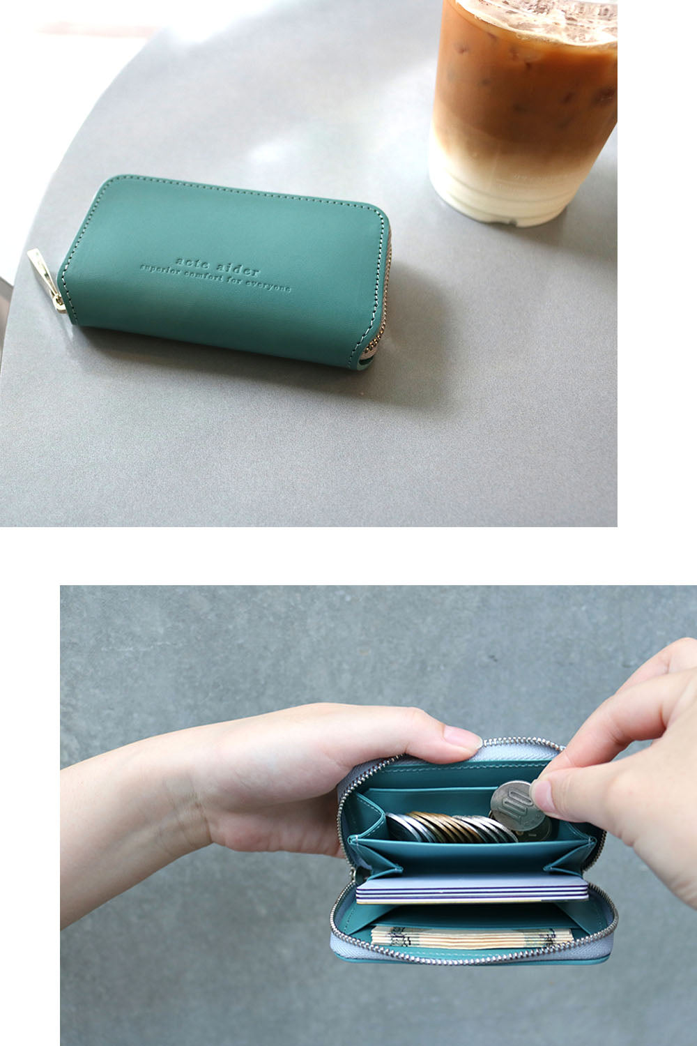 ラウンドファスナーミニ財布　ブッテーロ　ウオーター　アークトエディー　グラスの横に置かれたミニ財布（上写真）　財布を開いて小銭を取り出すのを上から見た様子（下写真）